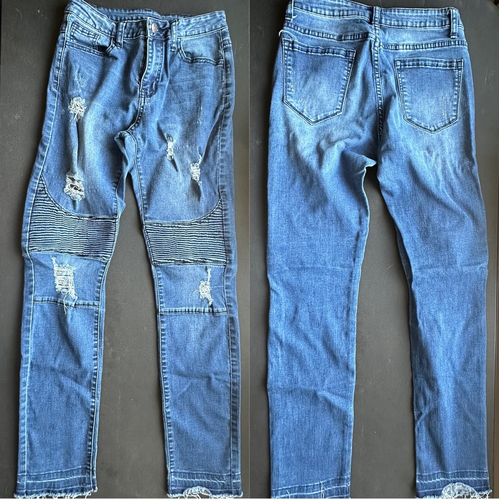 Distressed Moto Blue Jeans